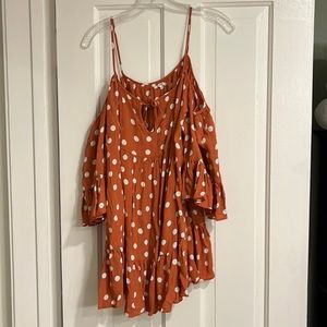 Tularosa orange w/ white polka dot cold shoulder dress